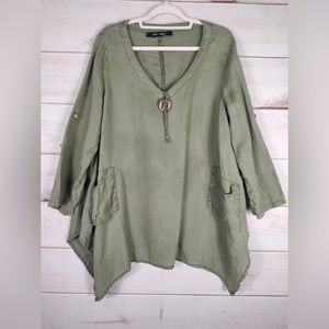 Dance In Paris S Tunic Woman’s Green Linen Ramie Fabric Asymmetrical Hem